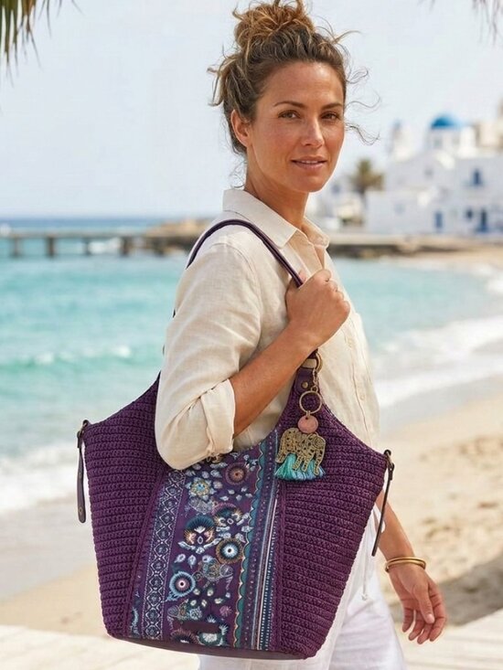 Sakroots Handbags - Sakroots Roma Large Crochet Violet Purple Floral Shopper Tote Bag EUC